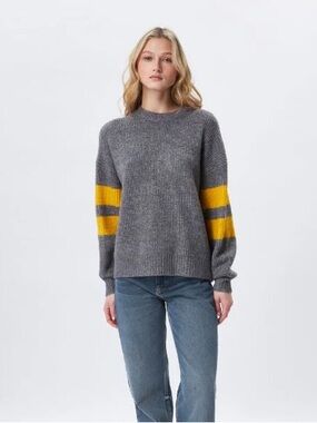 John + Jenn Grey Crewneck Sweater with Mustard Stripe Sleeves